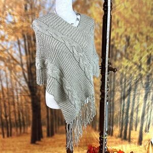 Fuzzy cable knit sweater turtle shawl. Tan super duper soft!